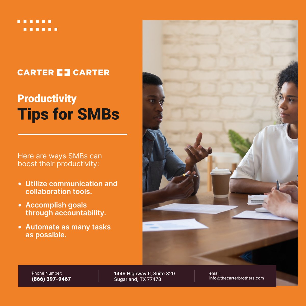 theTwinCarters's tweet photo. For small and medium-sized businesses, maximizing productivity is essential to achieve stability and success. This entails implementing smart strategies to boost productivity and achieve their goals. 

#SugarLandTX #ProductivityTips #BusinessManagement https://t.co/L2OS1Kcp8H