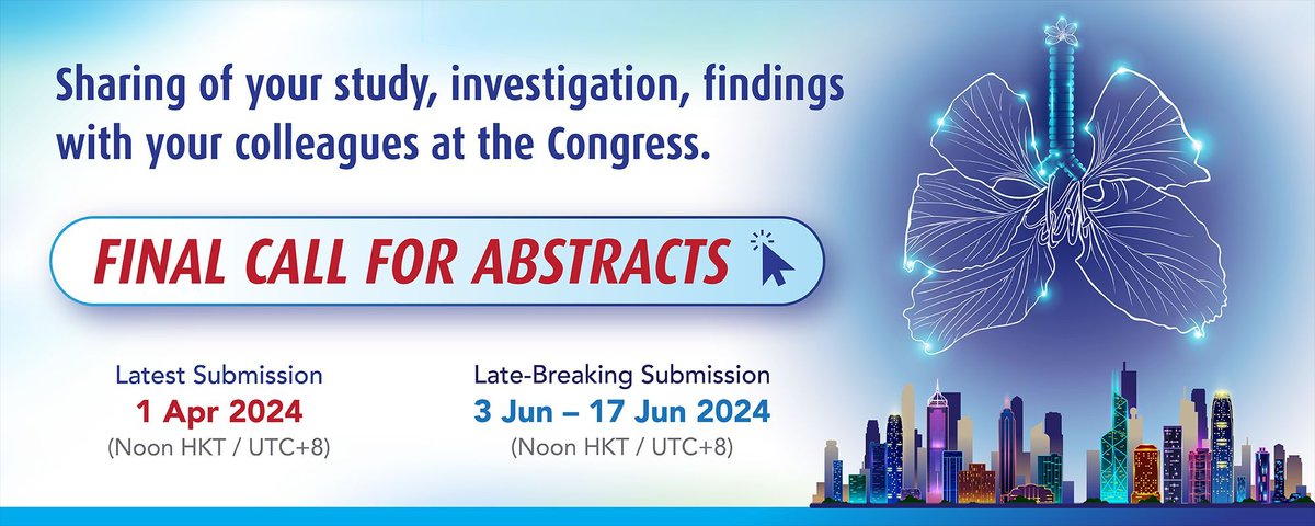 The deadline for submitting the Abstracts is approaching. Don't miss out! Deadline: 1 April 2024 (Noon HKT / UTC+8) To submit your abstract apsr2024.hk/en/abstract-su… #APSR2024 #HKTS #lung #respiratory #pulmonary #COPD #asthma #TB #tuberculosis #lungcancer @RespirologyAPSR