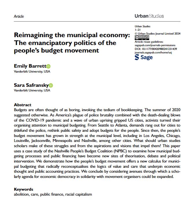 Barrett and Safransky consider avenues through which a scholarly agenda for economic democracy in solidarity with movement organisers could be expanded. ow.ly/Jw8q50QXRZG 
#RacialCapitalism #PublicFinance #OpenAccess