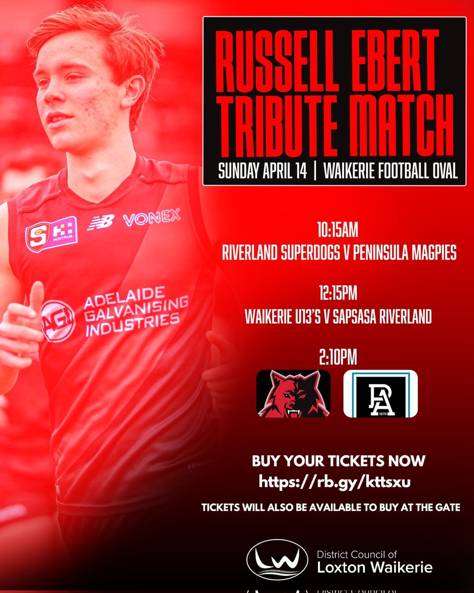 Not long now until one of our favourite matches of the season! Purchase tickets now to the upcoming Russell Ebert Tribute Match ￼

rb.gy/kttsxu

Sunday April 14th 2024 - Waikerie Football Oval ￼

#Bloods