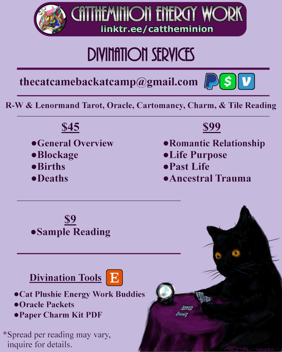 CAT theMinion Energy Work: Divination Services Try a Tarot Reading Today! linktr.ee/cattheminion #divination #tarotcommunity #forsale #cardreading #ActuallyAutistic