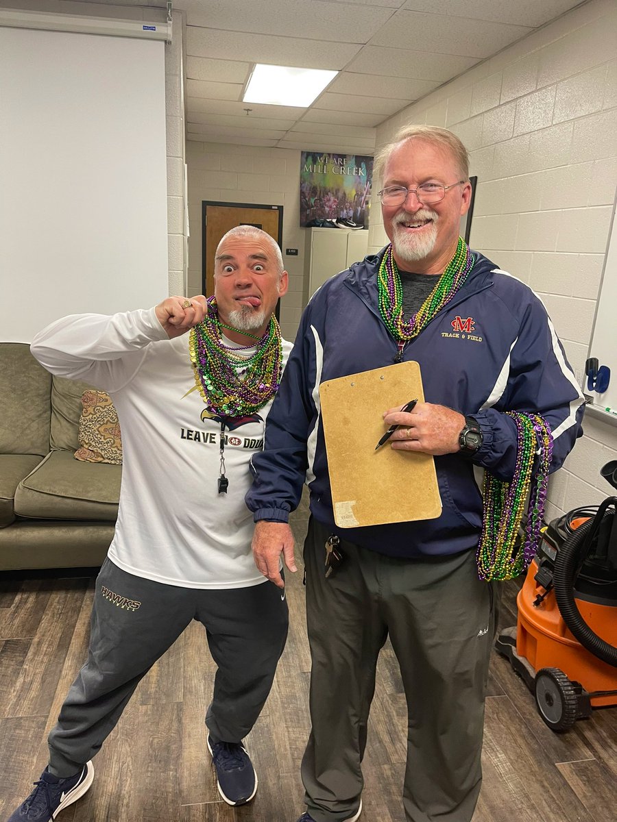MCFootballCoach's tweet photo. Had some fun in weight training this AM with a Mardi Gras inspired Bench for Beads day.  Players got beads for going up on Max!  We now have 16 players benching over 300 LBS !  Most we have had in years here at MC !! @MCHawksOfSteel has the boys trusting the process!  #COMPETE https://t.co/M35cYScD5l
