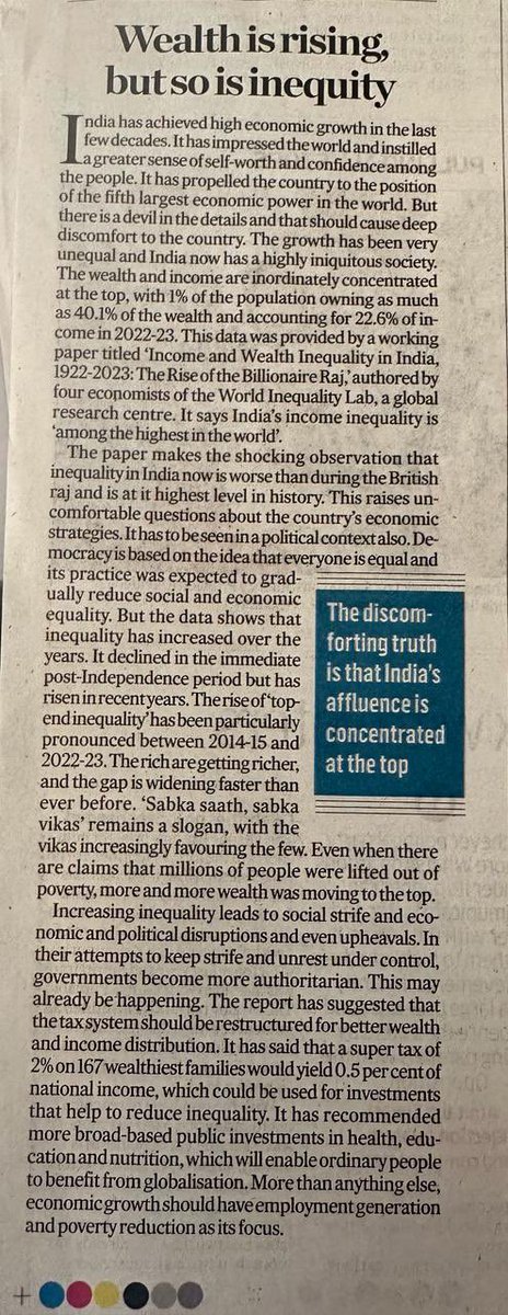 Rise of Billionaire Raj Well written but painful editorial in Deccan Herald about rapidly rising inequality in India. * Rich 1% own 40% of India’s wealth. * ⁠One of highest inequality in world. * ⁠Inequality now is worse than British Raj. * ⁠Such inequality leads to social…