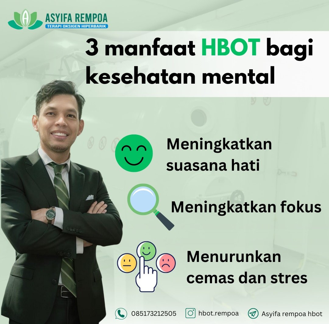 Like, Komen &amp; Share ya guys ...

3 MANFAAT HBOT Untuk Kesehatan Mental

Untuk informasi lebih lanjut, japri via wa ke: 

085173212505

Asyifa Rempoa
'cause your health is PRICELESS

Graha Nusantara
Jln. RC.Veteran No. 8C
instagram.com/p/C49bA_7yM7O/…
