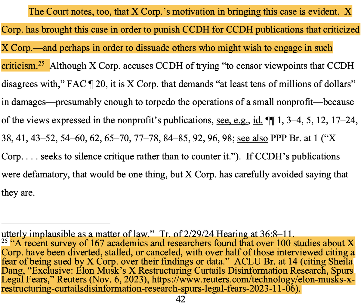 Happy to see that Musk's lawsuit against @CCDHate was dismissed by the court and that the ruling cited our survey with @JosephineLukito @m_dot_brown . But reading the ruling gave me a lot to think about 1/3