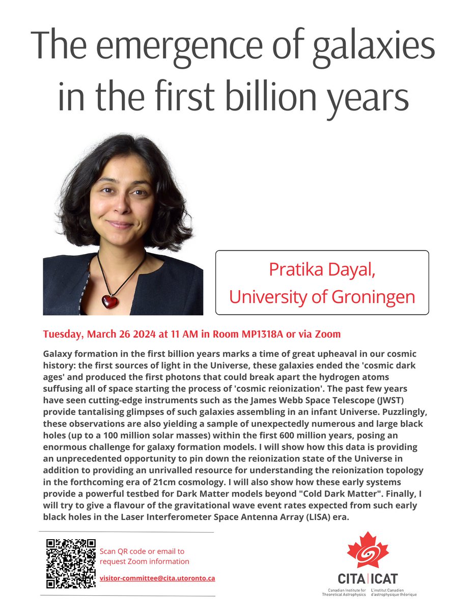 The past few years cutting-edge instruments such as the James Webb Space Telescope (JWST) have provided tantalizing glimpses of galaxies assembling in an infant Universe. Join us Tuesday, March 26 at 11 AM for @PratikaDayal's seminar at @CITA_ICAT on
