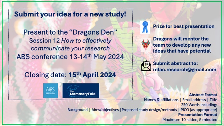 'How to effectively communicate your research' session at @ABSGBI conference includes a “Dragons Den” 🐉 to present your new study idea. Dragons will mentor the team to develop any new ideas with potential. 5 days left to submit to 📧 mfac.research@gmail.com. Deadline 15/4/24