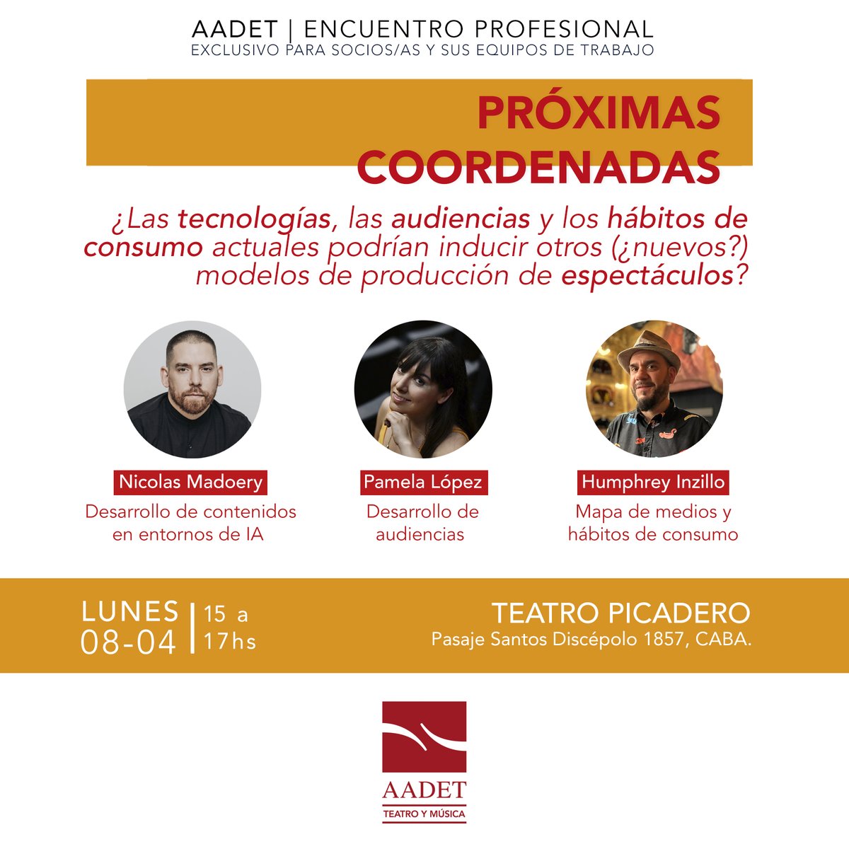 El lunes 8/4 realizaremos PRÓXIMAS COORDENADAS, encuentro en el que 3 especialistas dialogan sobre discusiones actuales respecto a la creación artística de contenidos en entornos de IA, nuevas audiencias y hábitos de consumo y cómo éstas impactan en el teatro y la música en vivo.