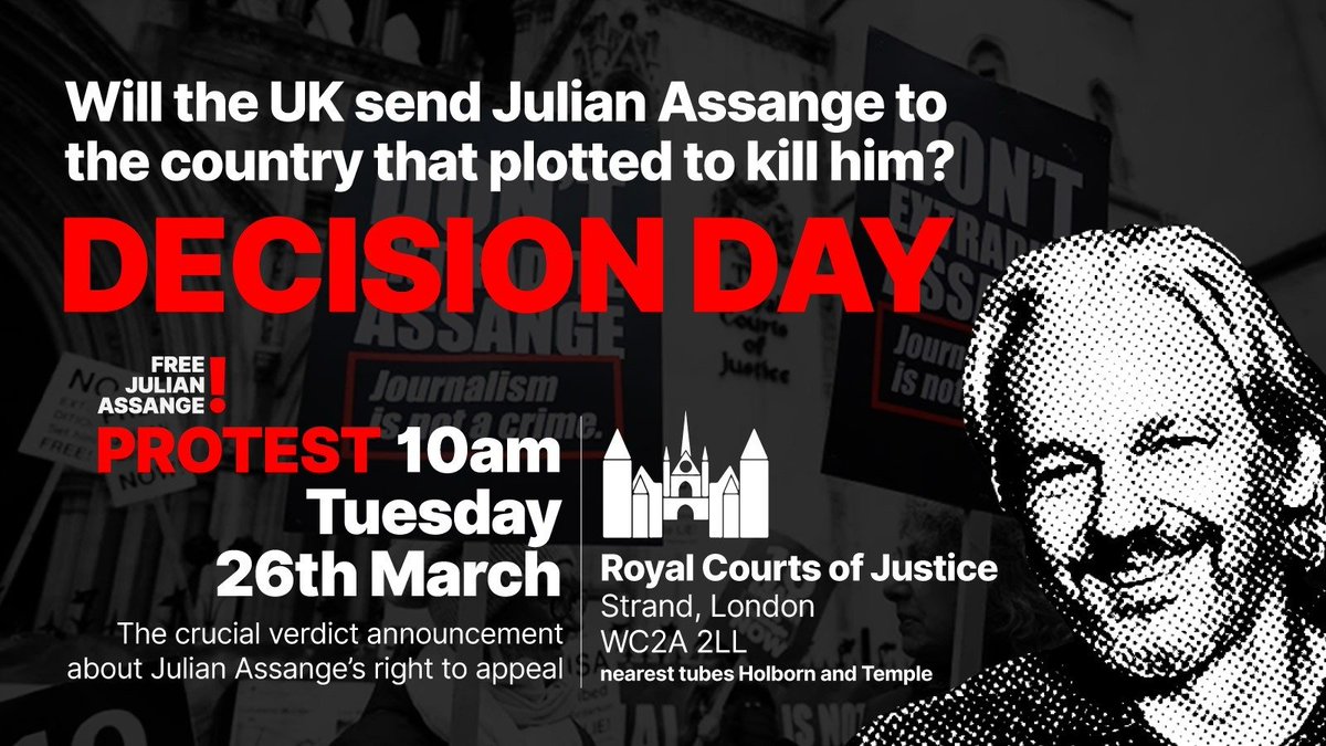 Julian Assange UK court decision - Tomorrow, March 26th from 10.00am GMT, Royal Courts of Justice, London, WC2A 2LL #FreeAssangeNOW If extradited to the US the publisher would be sent to the very country that planned to assassinate him following WikiLeaks Vault 7 release in…