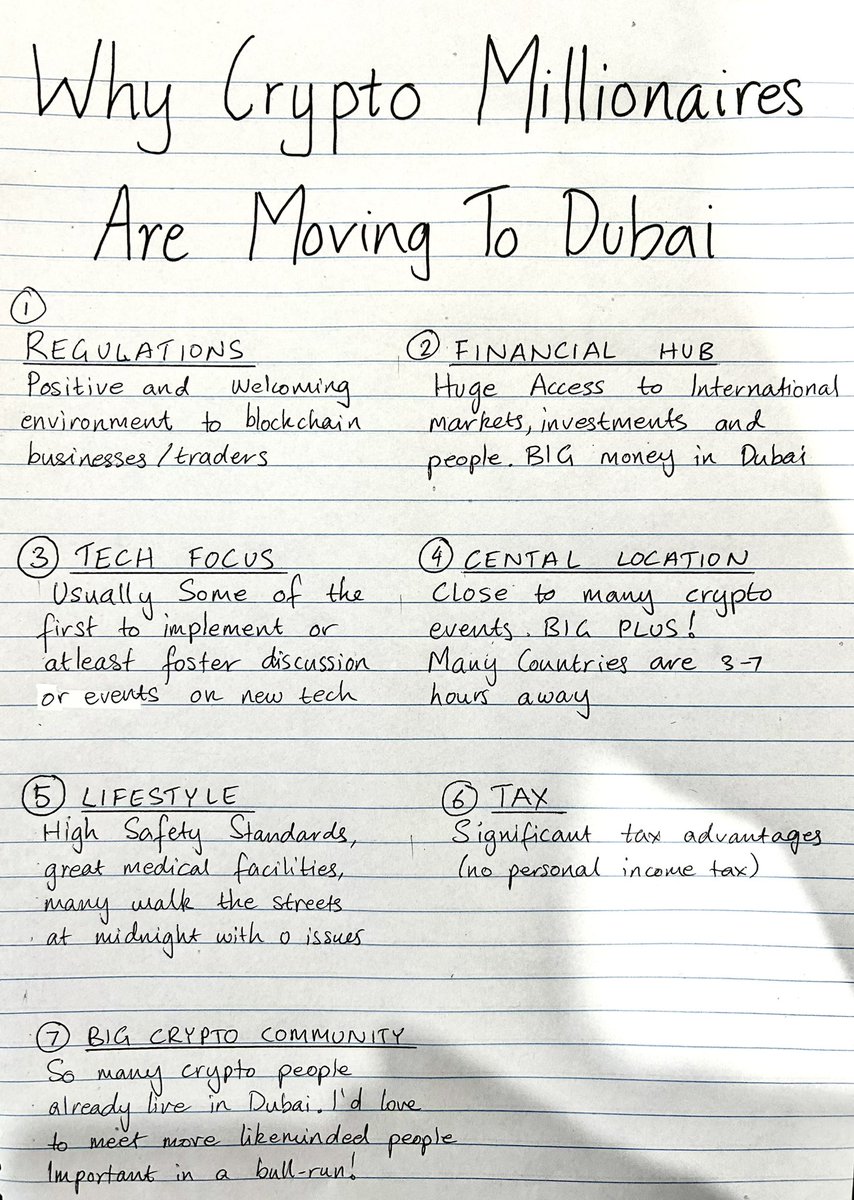 Why the Crypto Wealthy are moving to Dubai. I have seriously been considering relocating somewhere more central. Here’s what I’ve found on Dubai. Anyone living there, Singapore, Hong Kong or other lmk your experience.