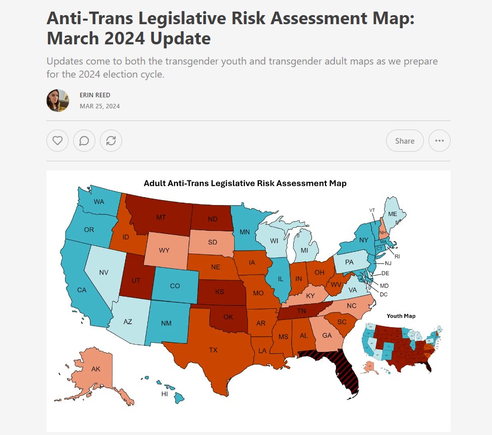 1. The latest anti-trans legislative risk assessment map has been released. For Adults, Idaho has increased in risk. For trans youth, Wyoming downgrades to 'Worst' risk. Arizona improves to 'low' risk and Washington downgrades to 'low' risk. Subscribe to support my work.