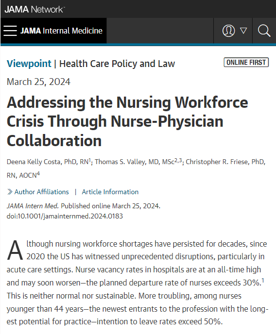 Viewpoint explores root causes of the nurse staffing shortages in the US and proposes solutions that involve physicians. ja.ma/4cwBT5t @DeenaKCosta @tsvalley