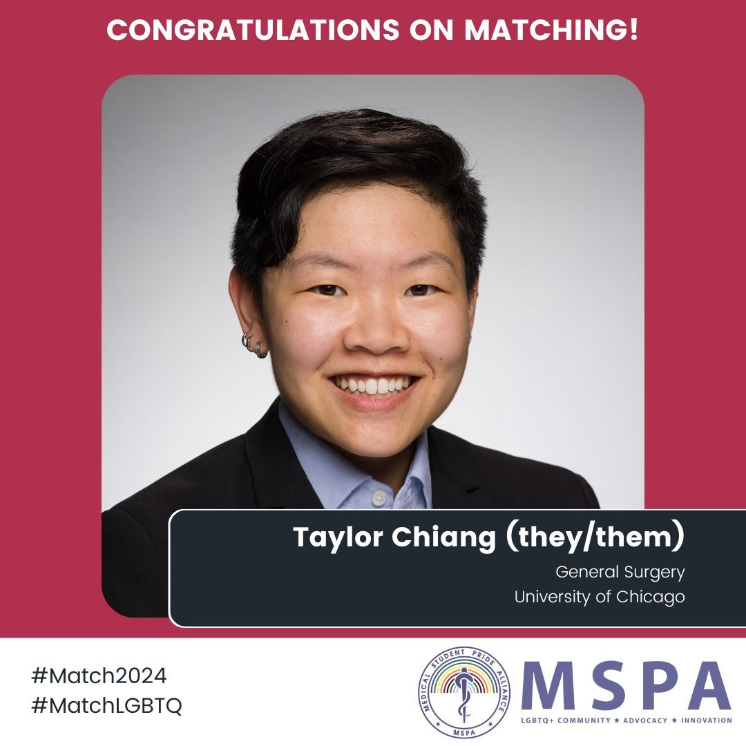 Congratulations to Taylor Chiang for matching into General Surgery at University of Chicago! We've so enjoyed having you as part of the Marketing & Design Team this year! #MedPride #Match2024 #MatchLGBTQ #MSPA