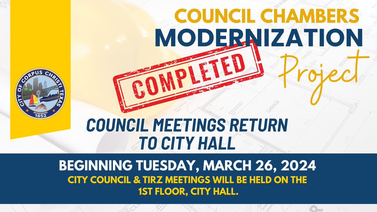 Our City Council Chambers Modernization Project is complete! 🏛️ Beginning Tuesday, March 26, City Council and TIRZ meetings will resume on the First Floor of City Hall at 1201 Leopard Street. #CorpusChristi #CCCouncil
