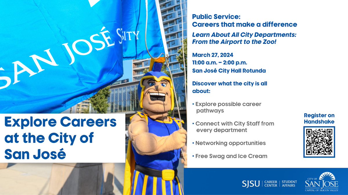 Join to explore possible career pathways at the city of San José on March 27th, 📍San José City Hall Rotunda 📢

#sjsu#explorecareers#spartan