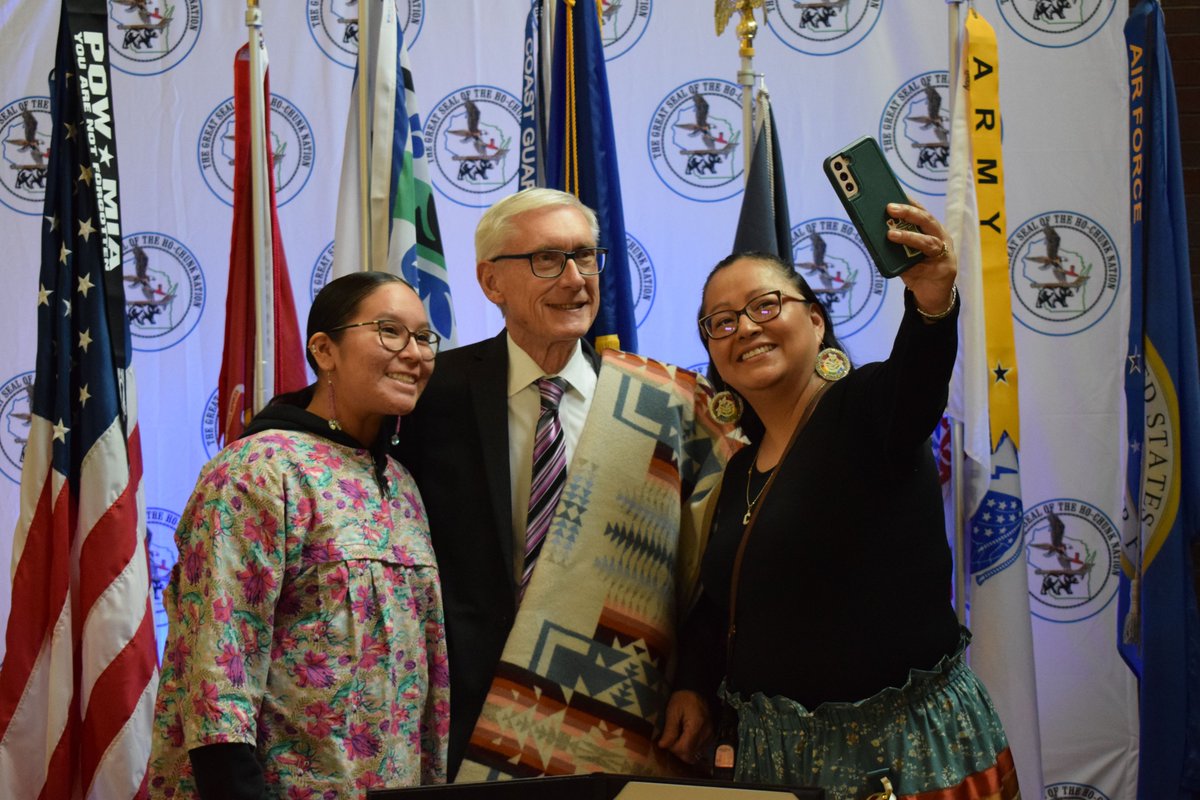 GovEvers's tweet photo. It was great to join President Greendeer and Ho-Chunk Nation leaders to sign legislation today designating the Ho-Chunk World War II Code Talkers Memorial Highway to honor the 14 Ho-Chunk code talkers who served in WWII and their important contributions. https://t.co/rxR1box1AY