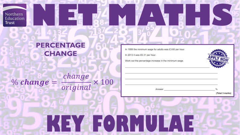 NET_Maths's tweet photo. Y11! Your first #FormulaOfTheWeek of the Summer Term is for Percentage Change! This is one you will need to learn as it will not be on your Formula Sheet. Make sure you know it (and know how to apply it!) before your exams start in a few weeks! #FinalCountdown #OutcomesFocussed https://t.co/FD92G2zJ9e