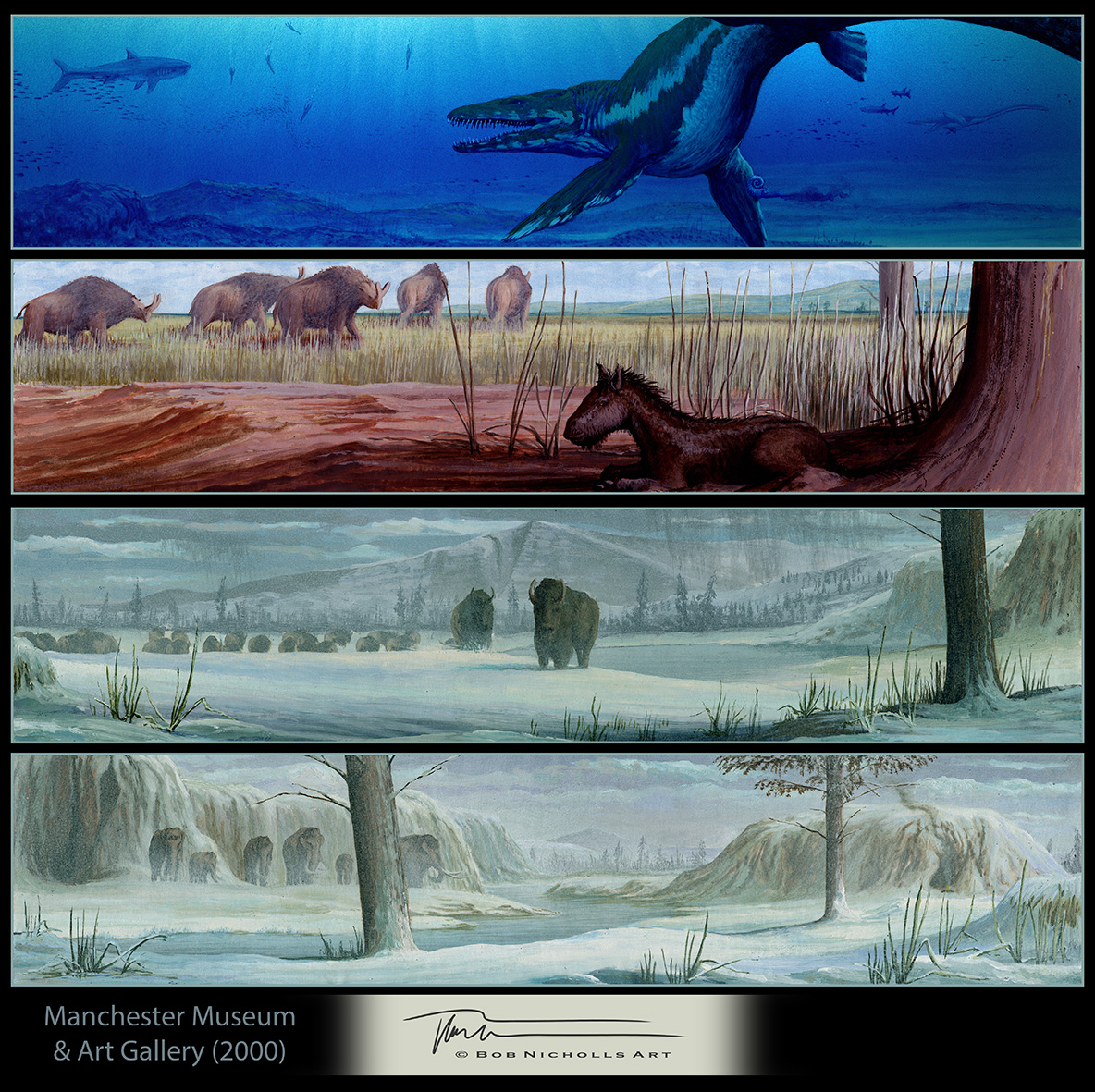 BobNichollsArt's tweet photo. My 25 years of palaeoart chronology...

Here are the other illustrations from my 2000 Manchester Museum project. They were all painted to fit on the design company's A3 scanner &amp; printed about the size of a door, so all the imperfections were clear!

#SciArt #Dinosaurs #PaleoArt https://t.co/WaJo3mF8Df