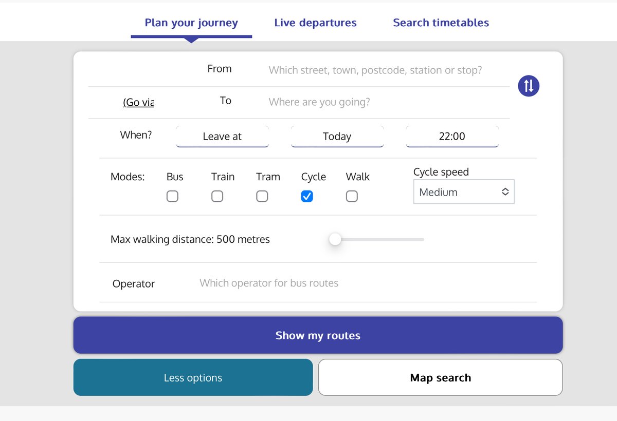 Bizarre requirements of the Travel South Yorkshire journey planner. Impossible to combine cycling with the public transport options. And even if you have put in exact start/end point you must also share your device's location.
