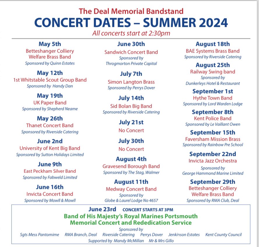 Our 2024 concert season starts on Sunday 5 May with @BCWBand, Sunday 23 June sees @RMBandService return to @DealBandstand More details at bit.ly/3MOUlMm