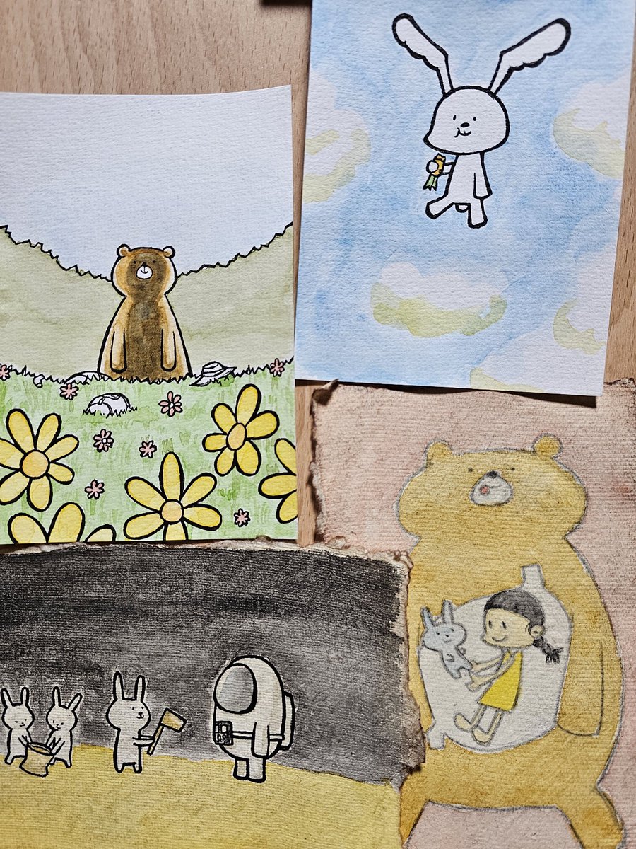 水彩紙に描いたイラスト4枚
葉書サイズ額入り 各2000円

福?招きベア、招き兎キーホルダー
1個500円

gallery魔法の生活さん(@tenjin_1)にて 3/27、28開催の
#三月ウサギ展
#くまらんど大革命展 
にて展示販売しております🐰🐻
通販にも対応されてますので興味のある方は是非♪ 