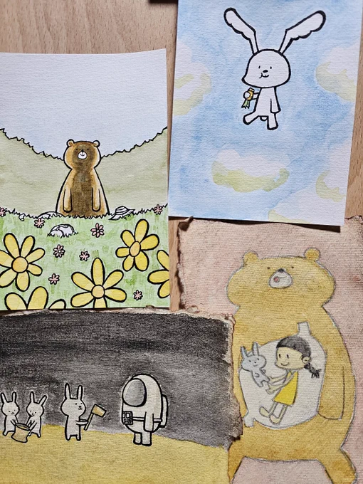 水彩紙に描いたイラスト4枚
葉書サイズ額入り 各2000円

福?招きベア、招き兎キーホルダー
1個500円

gallery魔法の生活さん(@tenjin_1)にて 3/27、28開催の
#三月ウサギ展
#くまらんど大革命展 
にて展示販売しております🐰🐻
通販にも対応されてますので興味のある方は是非♪ 