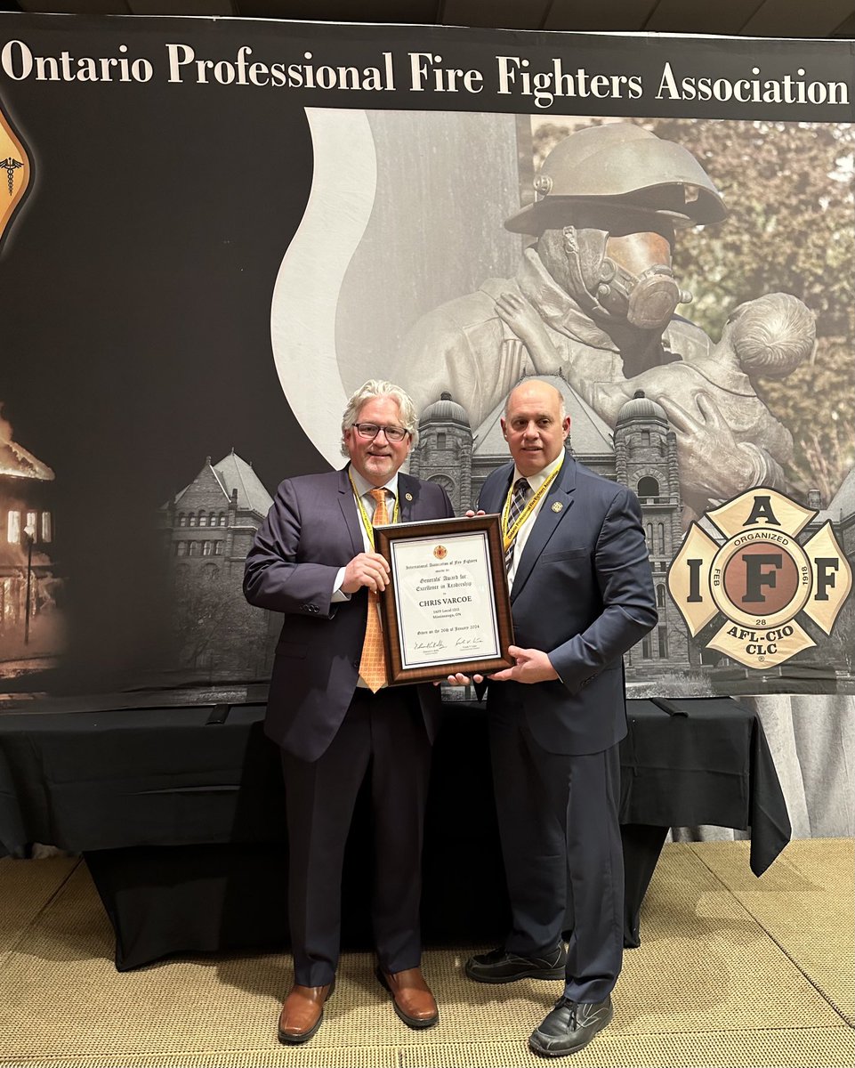 Hon to present on behalf of ⁦<a href="/IAFFPresident/">Edward A. Kelly</a>⁩ &amp; ⁦<a href="/IAFFGSTLima/">Frank Líma IAFF General Secretary Treasurer</a>⁩ the IAFF Generals Award for Excellence in Leadership to Chris Varcoe. Deserving recognition for his leadership in ⁦<a href="/IAFF1212/">Mississauga FF L1212</a>⁩ ⁦<a href="/opffa/">OPFFA</a>⁩ &amp; his impact on ⁦<a href="/IAFFCanada/">IAFF Canada Fire Fighters - Pompiers AIP Canada</a>⁩ ⁦<a href="/IAFFofficial/">International Association of Fire Fighters</a>⁩