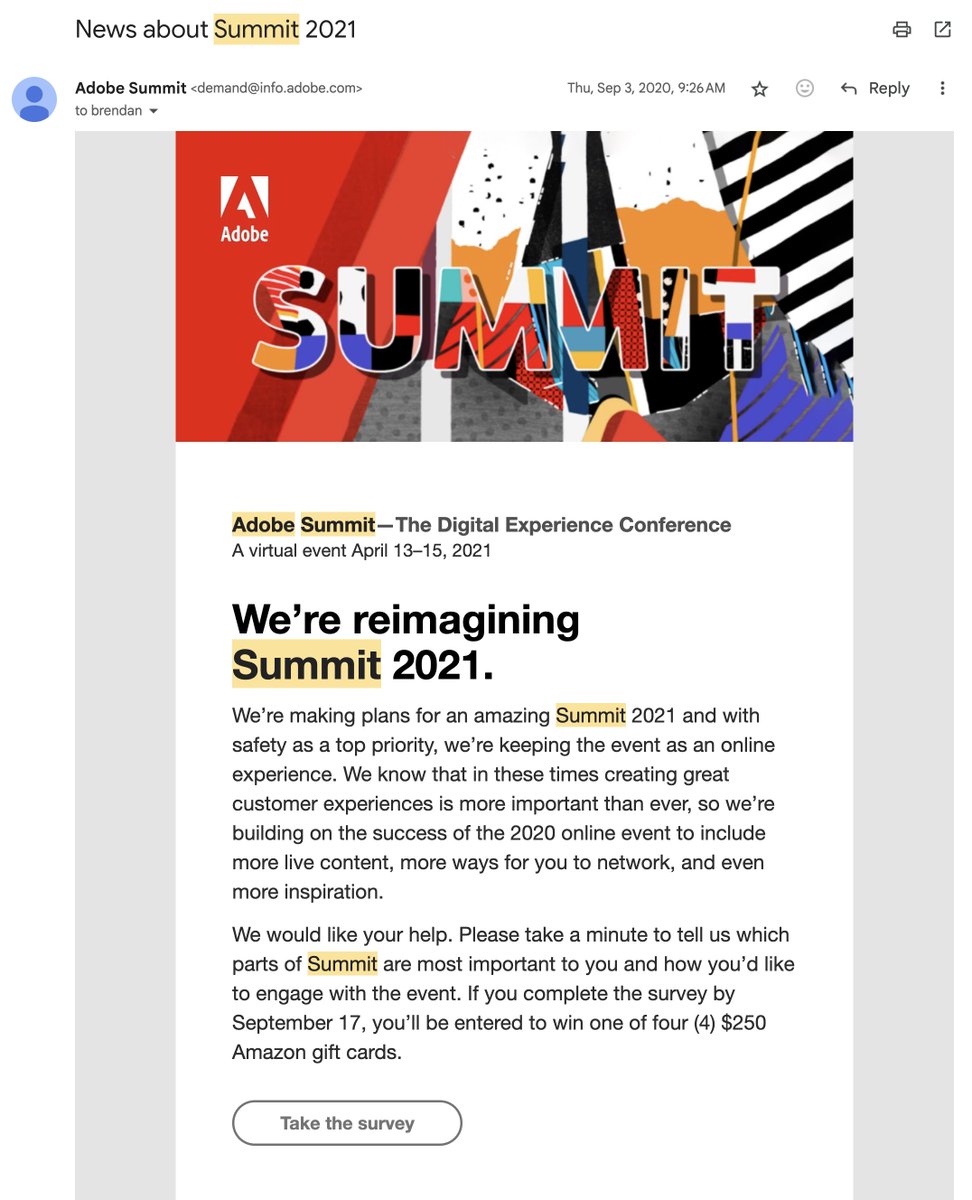 Falkowski's tweet image. Anyone else get zero about #AdobeSummit again?
I went to #MagentoImagine 10x, I was a speaker 9x, and 3x were after the Adobe acquisition.
This is the last email I ever received about the conference (2020). There has to be a story on this.