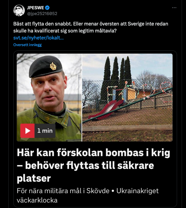 Trist at Sverige som alltid har vært nøytralt nå må flytte den oppvoksende slekt i redsel for angrep østfra...