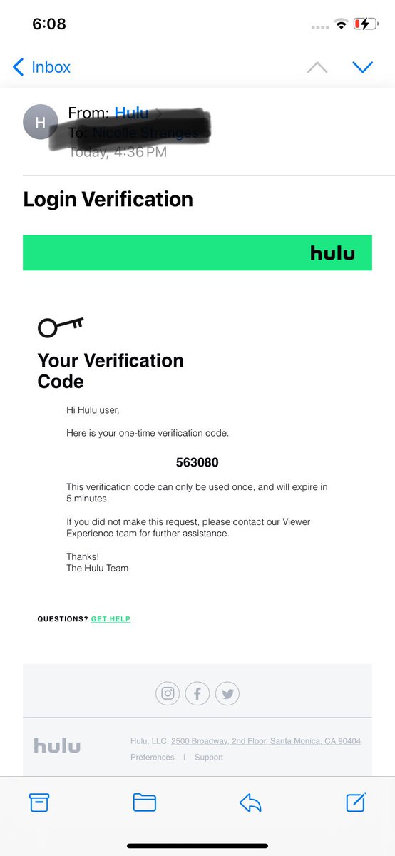 NicolleTanja's tweet photo. @hulu_support I just received this email from this address. Is it legit? Hulu is not available in Canada so i want to make sure my email address isn’t compromised. Thank you. https://t.co/y3rX73dyUx