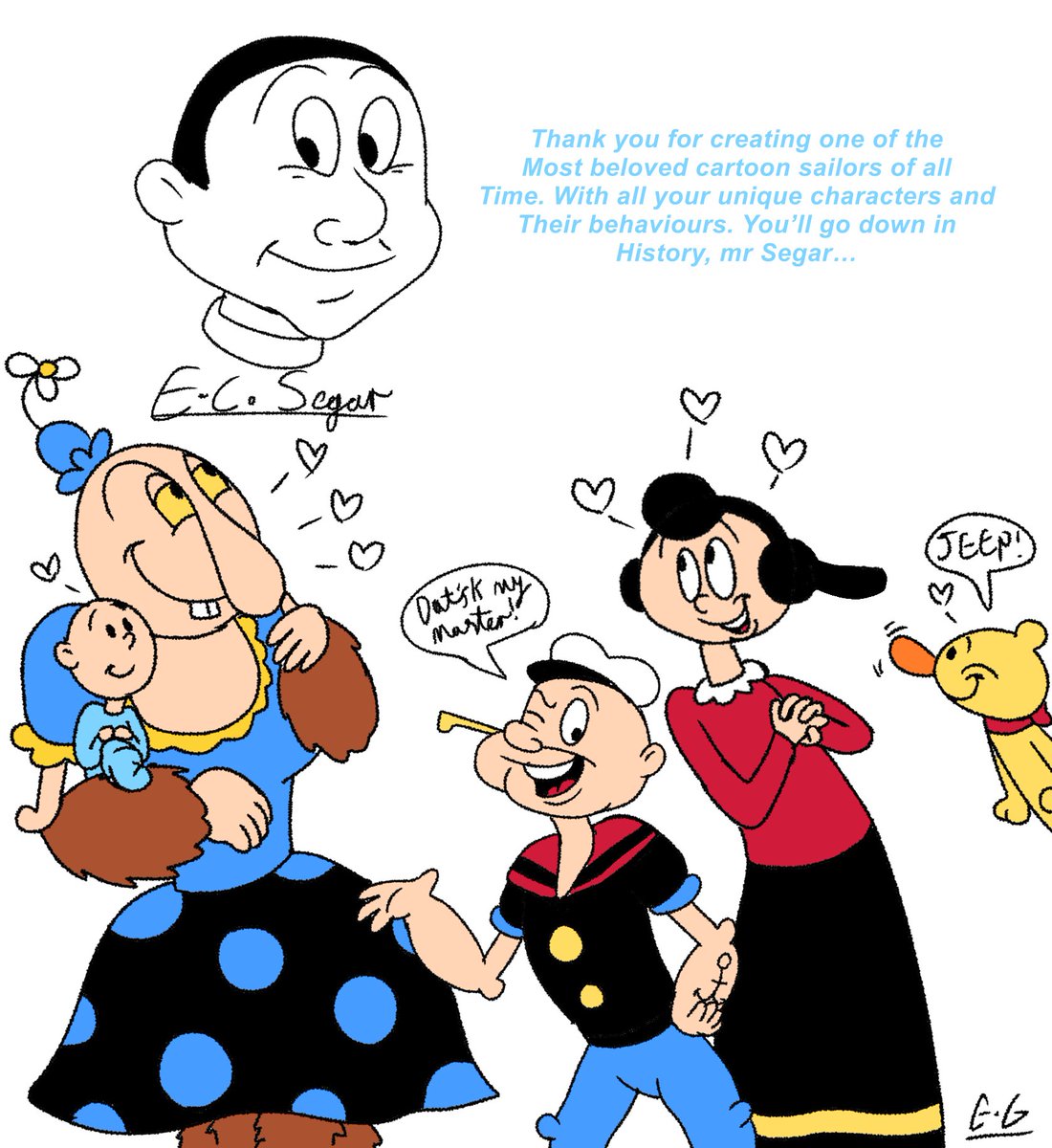 Spunkyntadpole's tweet photo. A little tribute I did for the late E.C Segar. The man who created a sailor, whose adventures amazed children and adults, no matter what! E.C Segar will always be Popeye’s creator #popeye #tribute #ecsegar #fanart #popeyefanart #Thimbletheatre https://t.co/Uf5dNjs30c