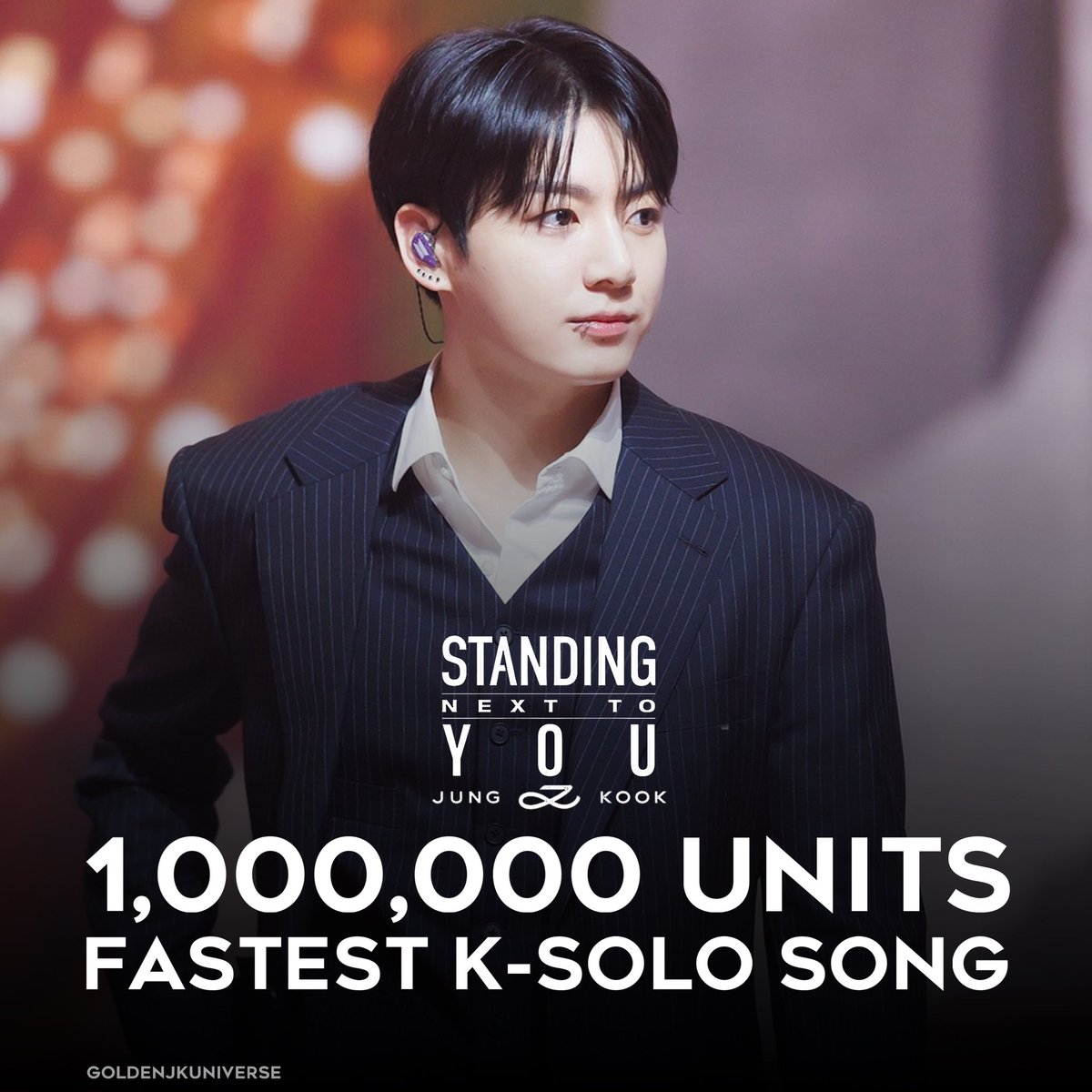 Standing Next To You by Jungkook has now sold 1 Million units in the US. It is the fastest K-solo song to have ever reached this milestone. Jungkook is now the first and only K-soloist to have 4 songs selling over 1M units; Left and Right, Seven, 3D and Standing Next To You.