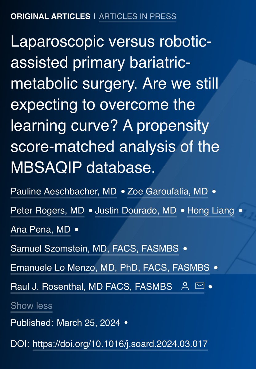 SOARD_JOURNAL's tweet photo. 📣 Now #INPRESS on SOARD 

MBSAQIP data comparing lap vs. robotic #BariatricSurgery showed higher readmission and reoperation rates in robotic-assisted cases 

Are we still expecting to overcome the learning curve? 

@PaAeschbacher @RaulRosenthalMD 

https://t.co/Aa5eqwqfrh https://t.co/FSGStf1mLx