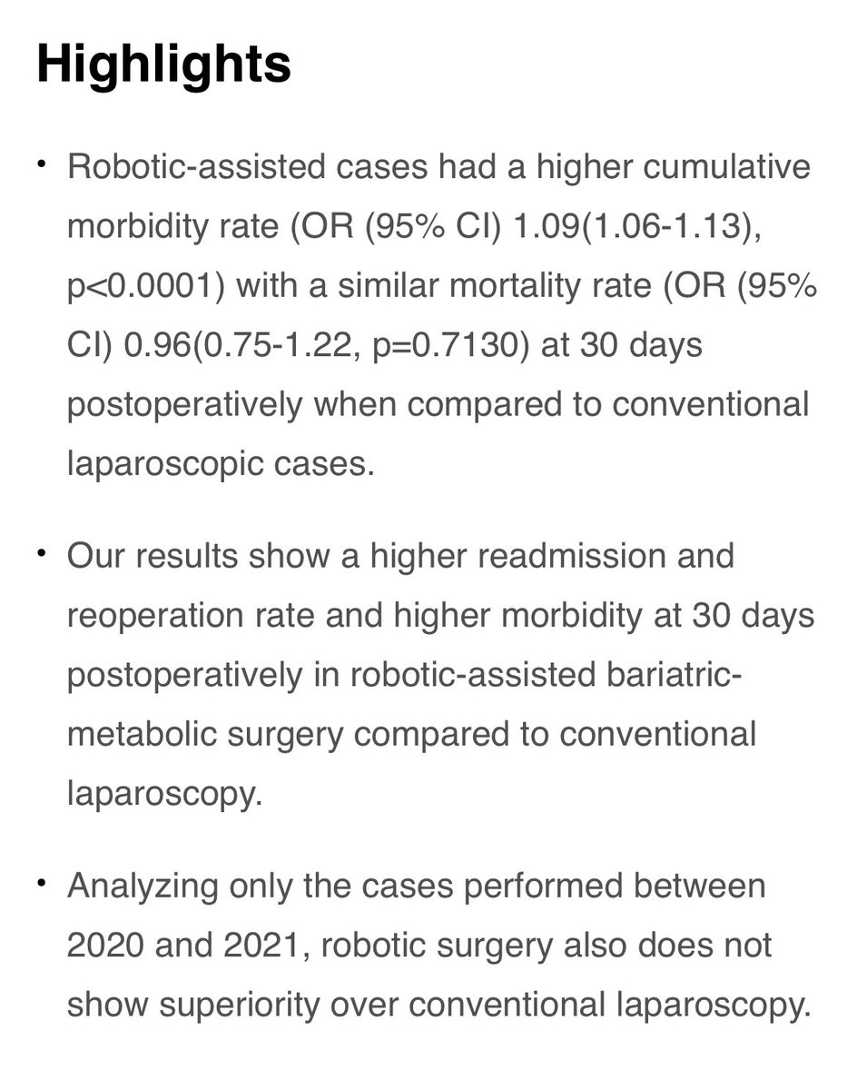 📣 Now #INPRESS on SOARD MBSAQIP data comparing lap vs. robotic #BariatricSurgery showed higher readmission and reoperation rates in robotic-assisted cases Are we still expecting to overcome the learning curve? @PaAeschbacher @RaulRosenthalMD soard.org/article/S1550-…