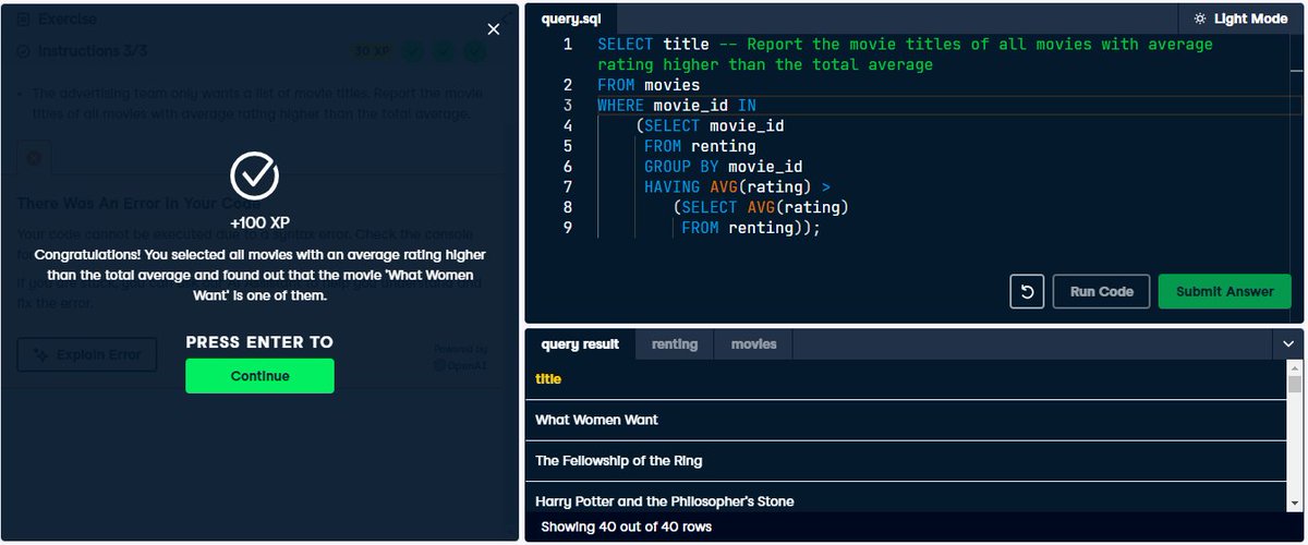 oyelekeibukun1's tweet image. #SQLJOURNEY#

My 1% Today:

1. I continued the &quot;Data-Driven Decision Making in SQL&quot; course on DataCamp. I learnt about decision making with advanced SQL queries.