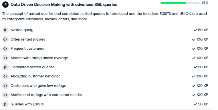 oyelekeibukun1's tweet image. #SQLJOURNEY#

My 1% Today:

1. I continued the &quot;Data-Driven Decision Making in SQL&quot; course on DataCamp. I learnt about decision making with advanced SQL queries.