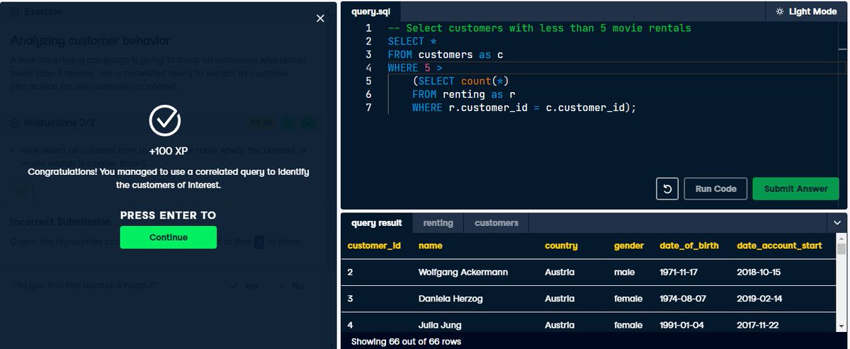 oyelekeibukun1's tweet image. #SQLJOURNEY#

My 1% Today:

1. I continued the &quot;Data-Driven Decision Making in SQL&quot; course on DataCamp. I learnt about decision making with advanced SQL queries.