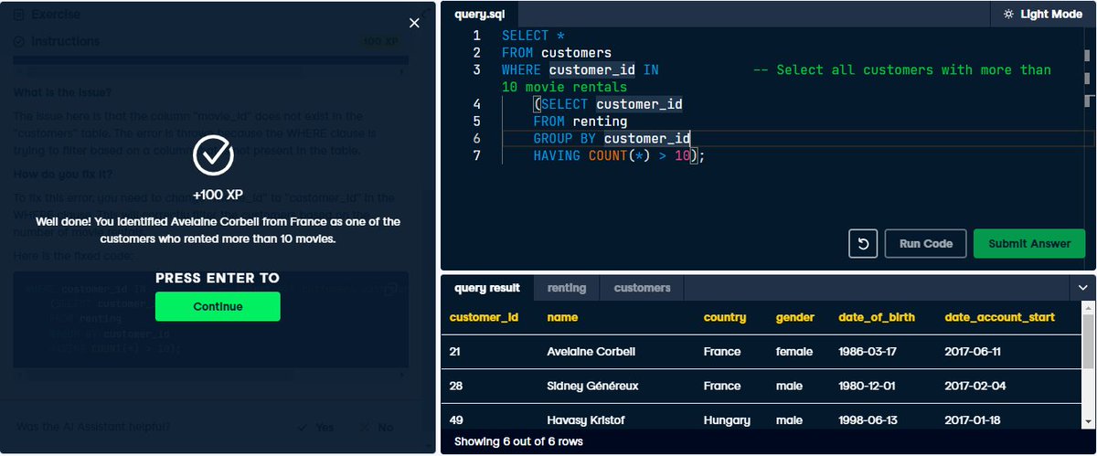 oyelekeibukun1's tweet image. #SQLJOURNEY#

My 1% Today:

1. I continued the &quot;Data-Driven Decision Making in SQL&quot; course on DataCamp. I learnt about decision making with advanced SQL queries.