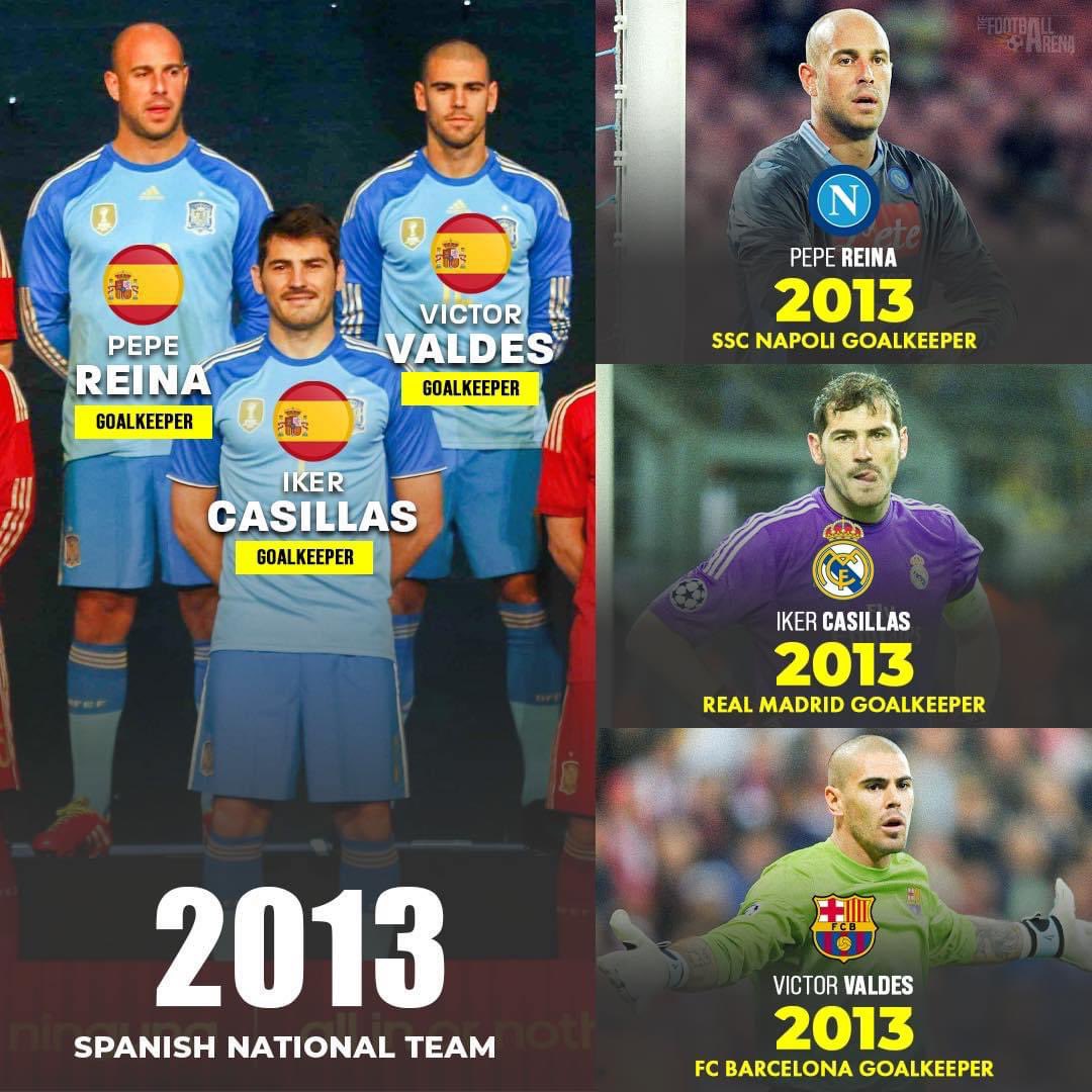 The year 2013, Vicente del Bosque called cup for the Spain national team games these three goalkeepers: 🇪🇸 Pepe Reina - SSC Napoli Goalkeeper 🇪🇸 Iker Casillas - Real Madrid Goalkeeper 🇪🇸 Victor Valdes - FC Barcelona Goalkeeper Three of the best Spanish Goalkeepers of all-time.…