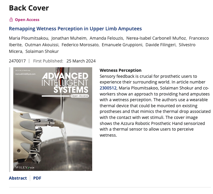 solaiman.shokur (@solaimanshokur) on Twitter photo Our work on wetness restoration on the back cover of <a href="/Advintellsyst/">Advanced Intelligent Systems</a> this month :)
Big congrats to co-authors Maria Ploumitsakou, @thermosenselab, <a href="/JonathanMuheim/">Muheim Jonathan</a> , <a href="/yonderboy_/">Francesco Iberite</a> and <a href="/_smicera/">Silvestro Micera</a>! Our work on wetness restoration on the back cover of <a href="/Advintellsyst/">Advanced Intelligent Systems</a> this month :)
Big congrats to co-authors Maria Ploumitsakou, @thermosenselab, <a href="/JonathanMuheim/">Muheim Jonathan</a> , <a href="/yonderboy_/">Francesco Iberite</a> and <a href="/_smicera/">Silvestro Micera</a>!