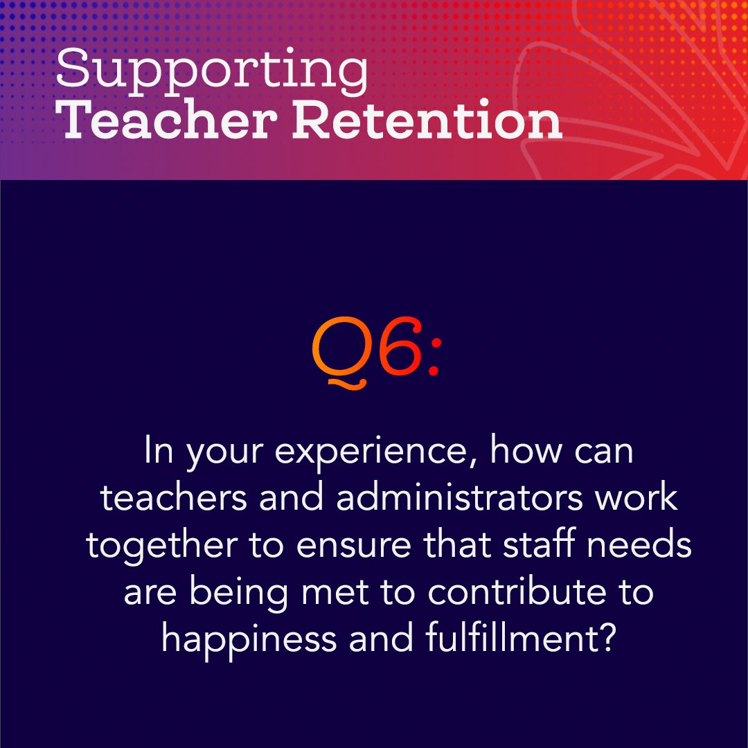 bethhill2829's tweet image. Our last question of the evening Q6 - #TeachingChannelTalks
 In your experience, how can teachers and administrators work together to ensure that staff needs are being met to contribute to happiness and fulfillment?