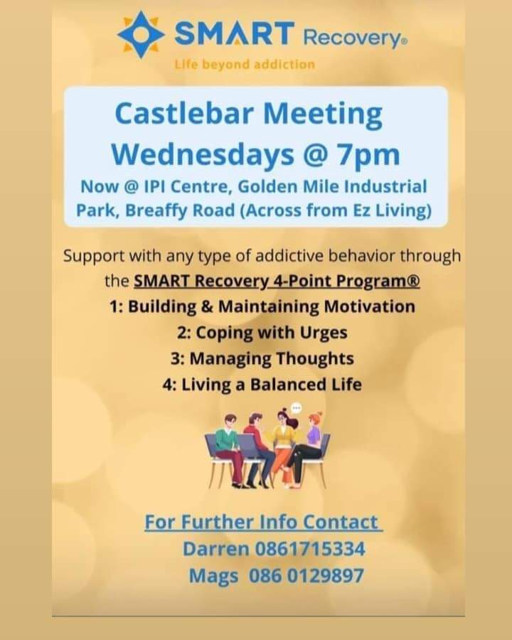 REMINDER: @SMARTRecoveryI1 holds weekly support meetings in Castlebar, Co Mayo for anyone struggling with any kind of addictive behaviour. Find out more in the accompanying image and via the link below: westbewell.ie/2022/09/18/in-…