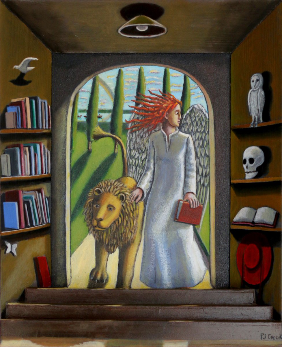 'Returning the Lion to the Library' oil on wood & canvas marouflée - about to go to a new home from Portland Gallery who now represent me. portlandgallery.com/artists/153-pj…