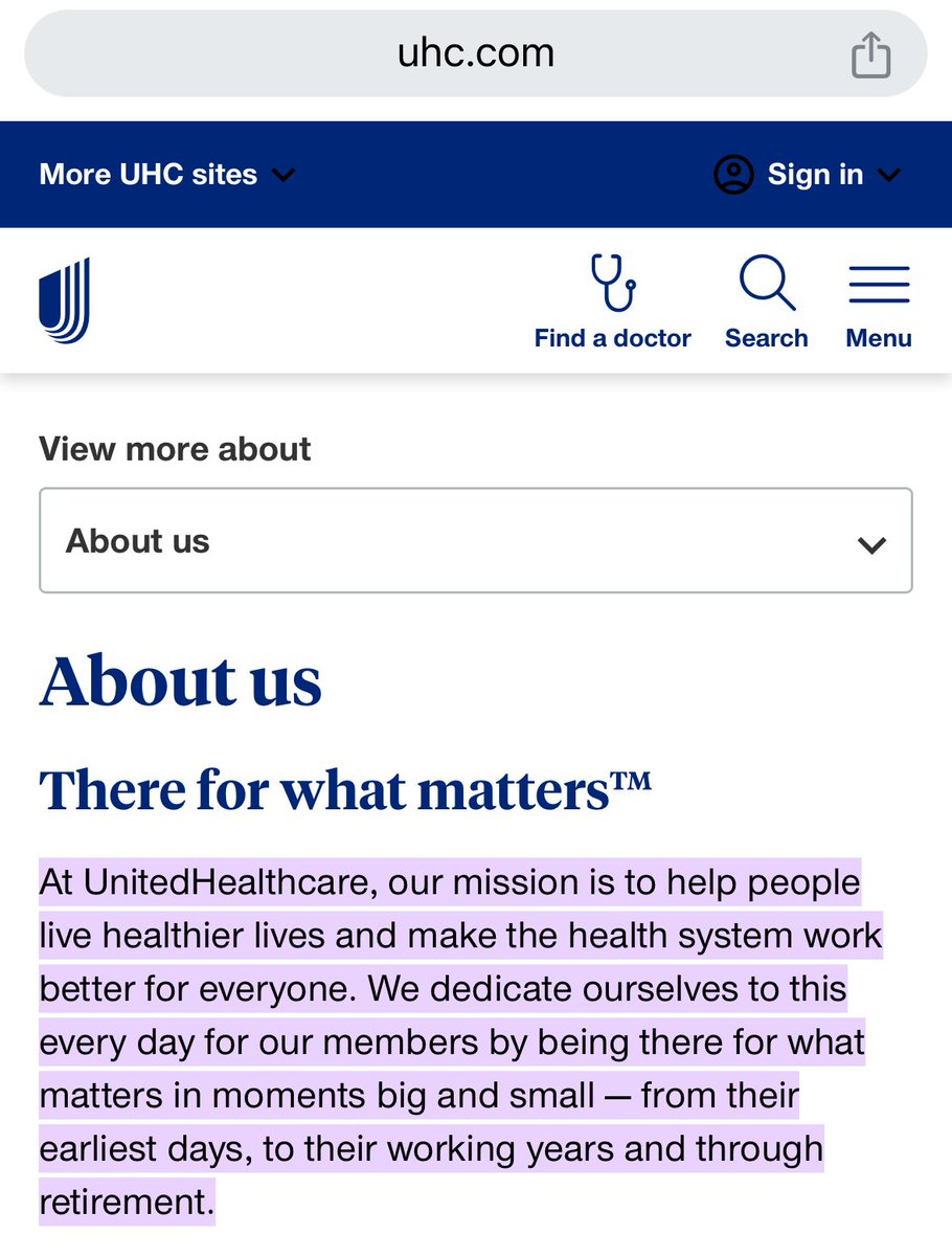 <a href="/UHC/">UnitedHealthcare</a>…clapping back with what I can only assume is the most satire-y satires of a mission statement…

“…At UnitedHealthcare, our mission is to…make the health system work better for everyone.*”

*= except doctors, patients, and anyone who even vaguely touches the healthcare