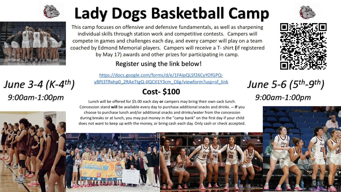 If you are looking for something fun to do this summer, look no further, because Lady Bulldog Basketball Camp is BACK this year! 👏🏀👏 We hope to see you there!!! 🐾 Please use the link below to register for camp: docs.google.com/forms/d/e/1FAI…