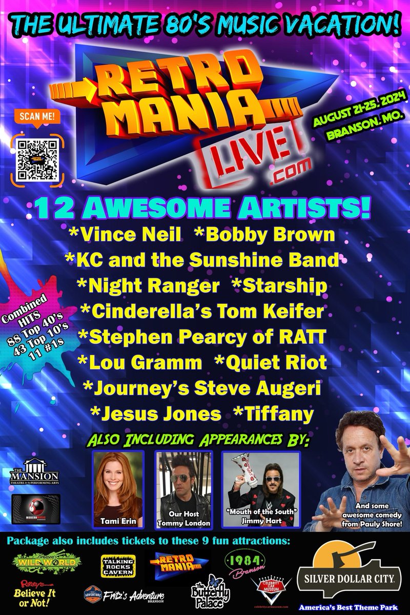 JUST ANNOUNCED!  I will be hosting Retromania Live Aug 21-25th in Branson, MO!  Judging from the list below…it’s going to be one hell of a party!  Get tix/info here: retromanialive.com 🤘🏽 #retromania #retromanialive #80smusic #80s #musicfestival