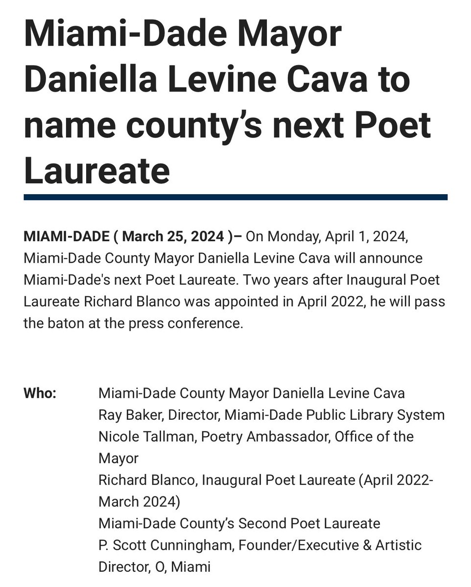 One week from today at 10 am, join @MayorDaniella, me, @RaymondWBaker, @rblancopoet & @cunningpscott at @MDPLS’ Main Library downtown for a special press conference to announce & celebrate @MiamiDadeCounty’s next Poet Laureate!