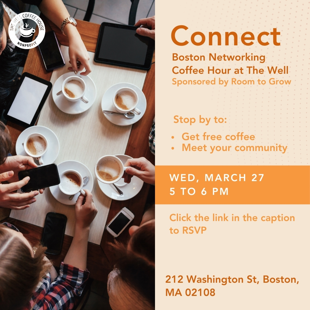 thewellboston's tweet photo. If you work in the Downtown Boston area, drop by for a free Networking and Coffee Hour at The Well!

Don't miss out on this opportunity to connect and learn about ways to make an impact in your community.

Sign up here: https://t.co/wprUufXhES https://t.co/mJ7C9t9eOl
