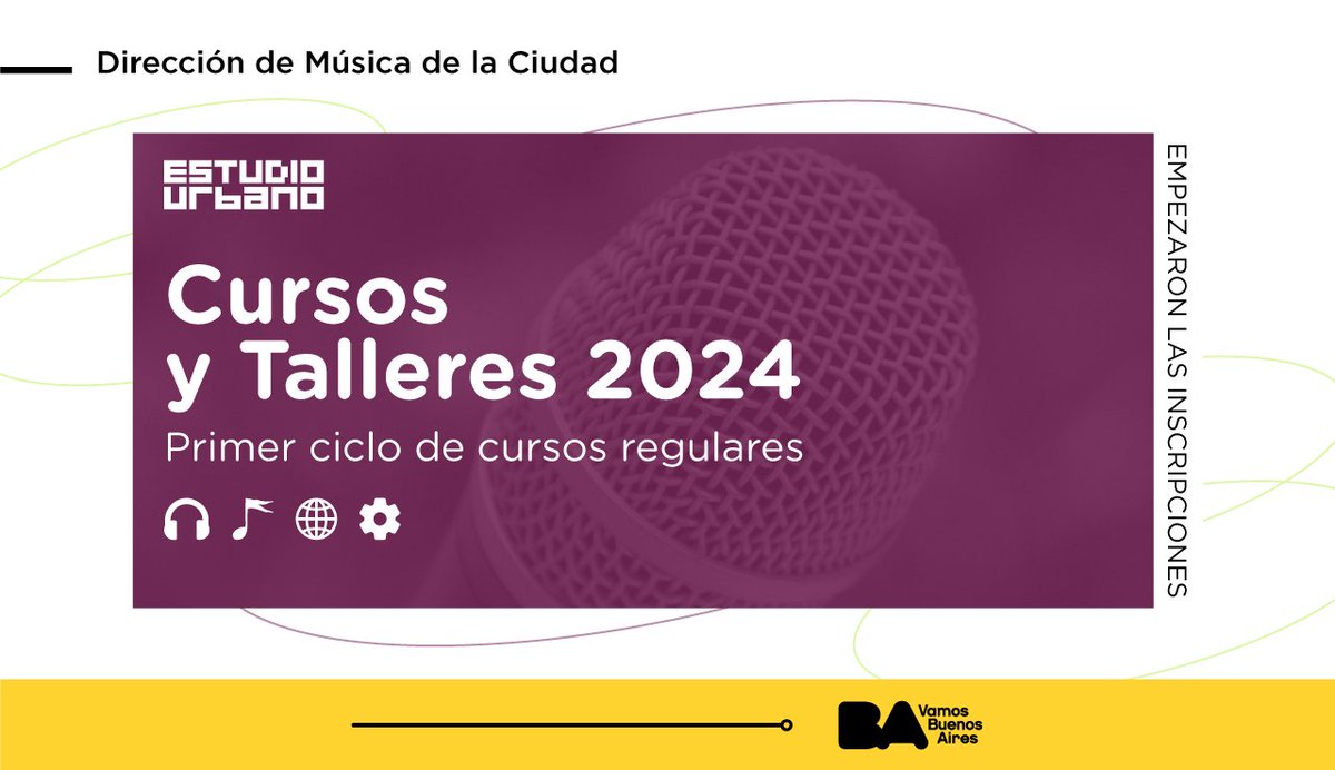 Arrancaron las inscripciones para los cursos de Estudio Urbano

27 talleres que abarcan diversas áreas de conocimiento técnico, musical y de gestión, hay opciones virtuales, mixtas o presenciales. 

Mirá todas las opciones disponibles en buenosaires.gob.ar/cultura/musica…