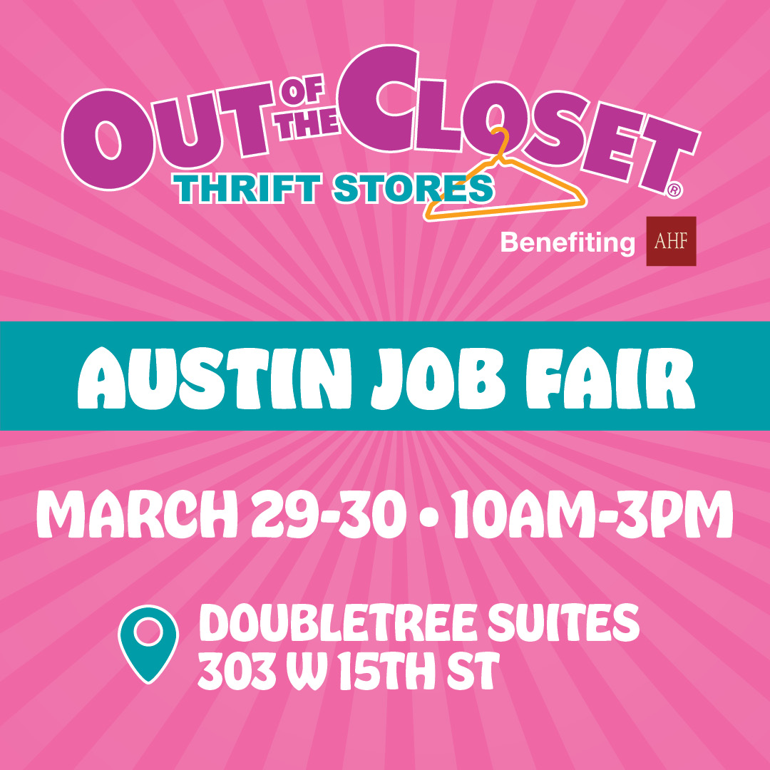 Out of the Closet (@outofthecloset) on Twitter photo Out Of The Closet is hiring in Austin. We have openings for a number of positions and we will be at the <a href="/AIDSHealthcare/">AIDS Healthcare Foundation (AHF)</a> Job Fair this weekend from 10am - 3pm at the DoubleTree Suites 303 W 15th Street. Come down and see us to find out how you can be a part of the team. Out Of The Closet is hiring in Austin. We have openings for a number of positions and we will be at the <a href="/AIDSHealthcare/">AIDS Healthcare Foundation (AHF)</a> Job Fair this weekend from 10am - 3pm at the DoubleTree Suites 303 W 15th Street. Come down and see us to find out how you can be a part of the team.